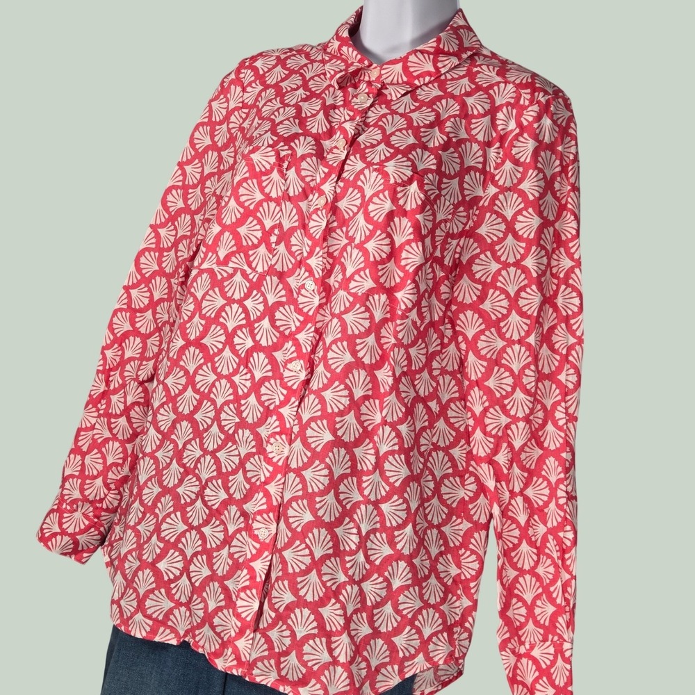 Boden Women 6 Pure Linen‎ Button Down Shirt Pink Seashell Fan AOP Long Sleeve